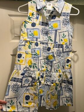 Girls' Sleeveless Lemon Print Cotton Dress - White & Yellow